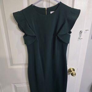 Calvin Klein Dark Green Midi Dress with Ruffle Sleeves